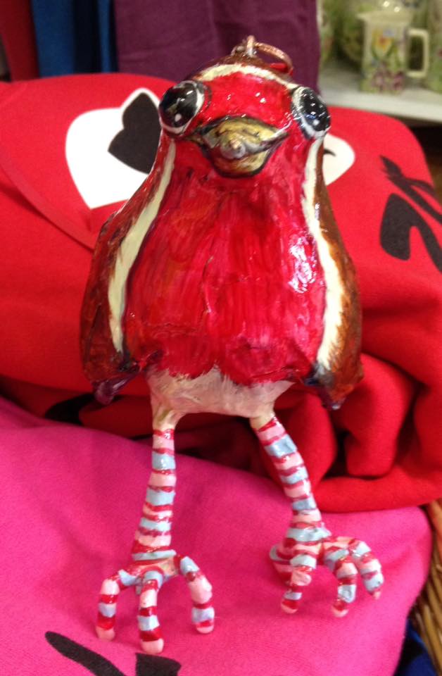Papier Mache stripey legged Robin by Amanda Godden