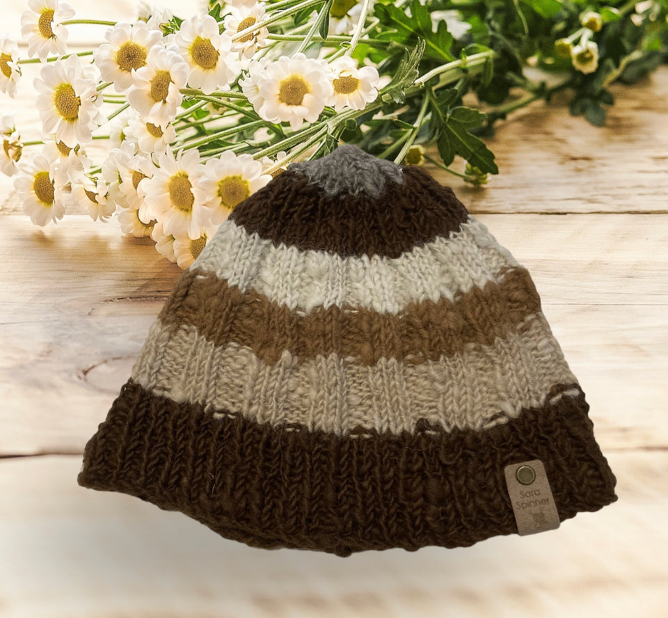 Alpaca luxury eco striped beanie - browns, cream & grey - Hand spun & knitted by Sara Spinner