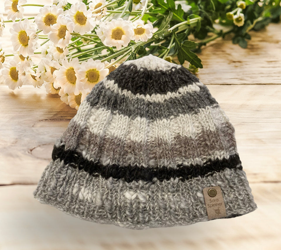 Alpaca luxury eco striped beanie - greys, cream & black - Hand spun & knitted by Sara Spinner