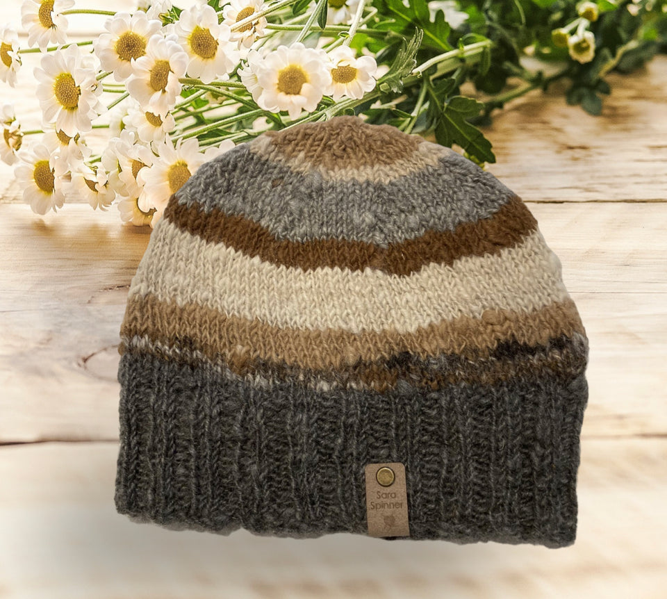 Alpaca luxury eco striped beanie - browns, cream & grey - Hand spun & knitted by Sara Spinner