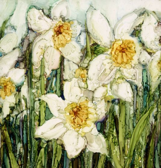 Daffodils in Ink - Print of alcohol inks by Sarah Stoker