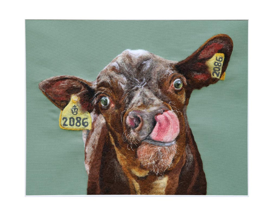 Happy Calf - an original needle felted picture by Valentina Vandome Felting Art