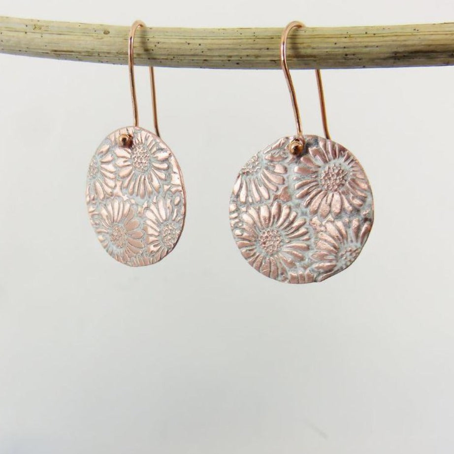 Enamel and Repeated Daisy Textured Copper Dangle Earrings