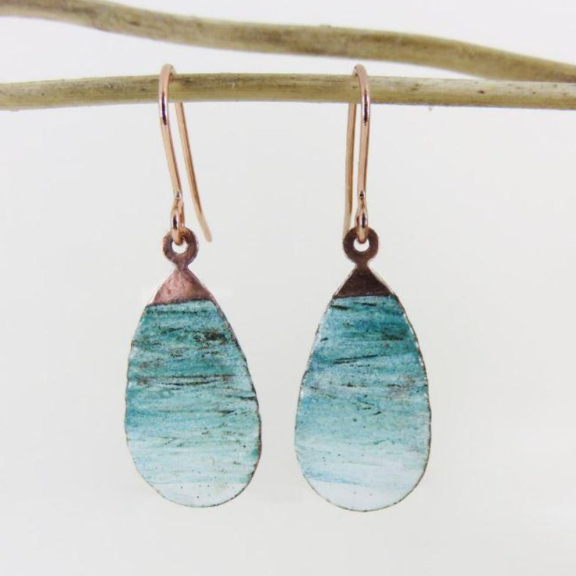 Dangle Earrings with Textured Copper and Blue and White Enamel
