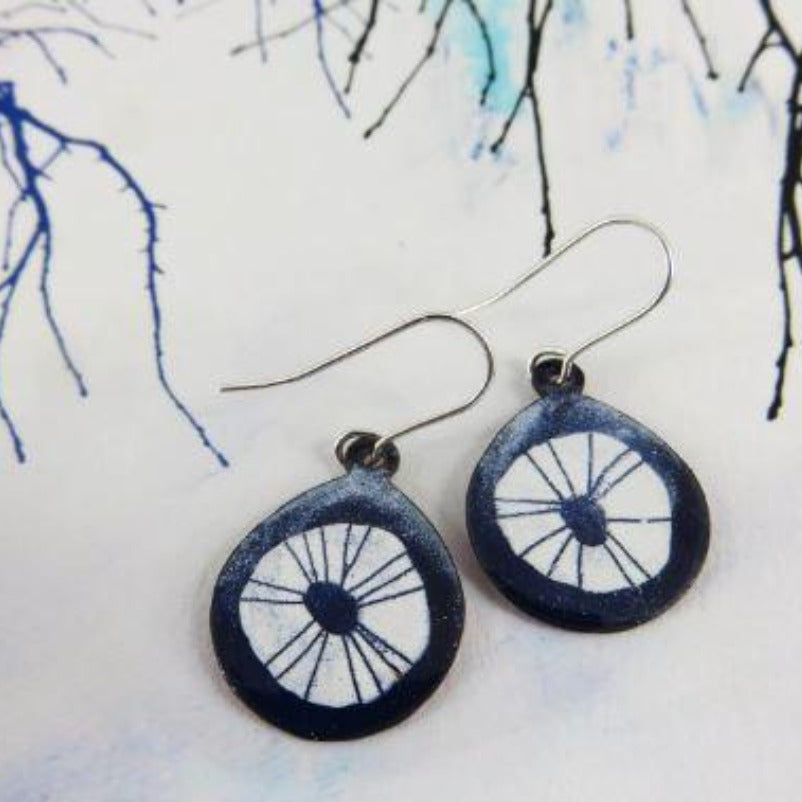 Dark Blue and White Oval Teardrop Dangle Earrings in Copper and Enamel with Hand Drawn Pattern
