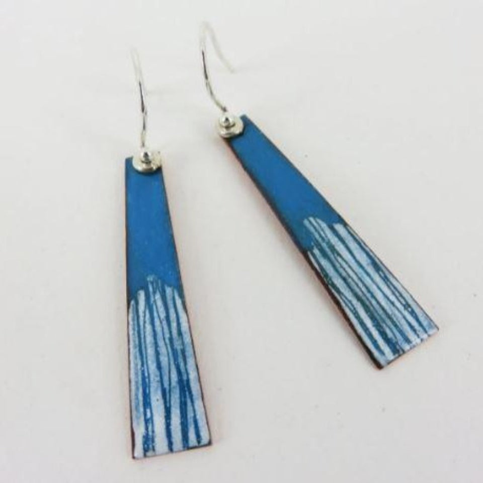 Turquoise Dangle Copper Enamel Earrings with White Drawn Detail