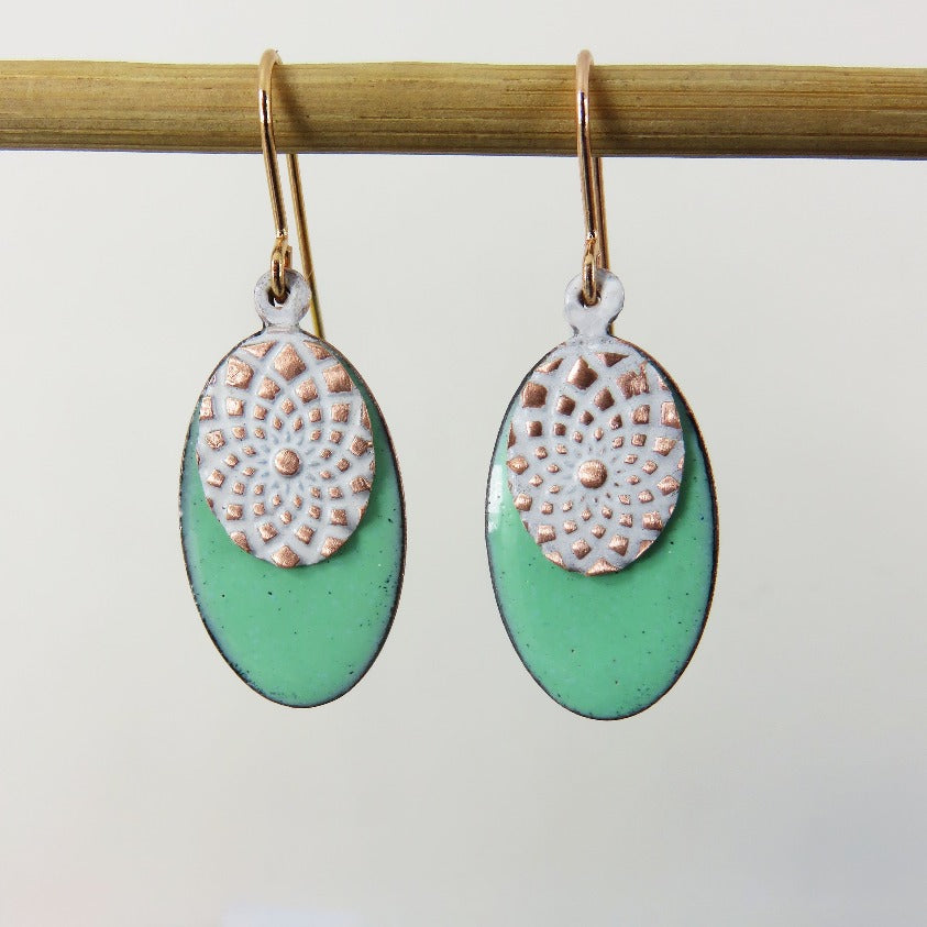 Double Oval Disc with Green and White Enamel over Textured Copper Dangle Earrings