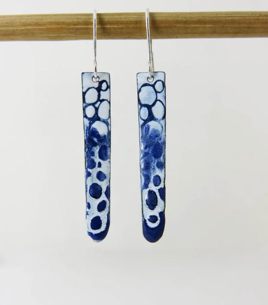 Copper Dangle Earrings with Blue and White Enamel with Hand Drawn Pebble Pattern