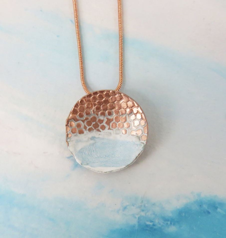 Round, Domed and Textured Copper Pendant with Enamel