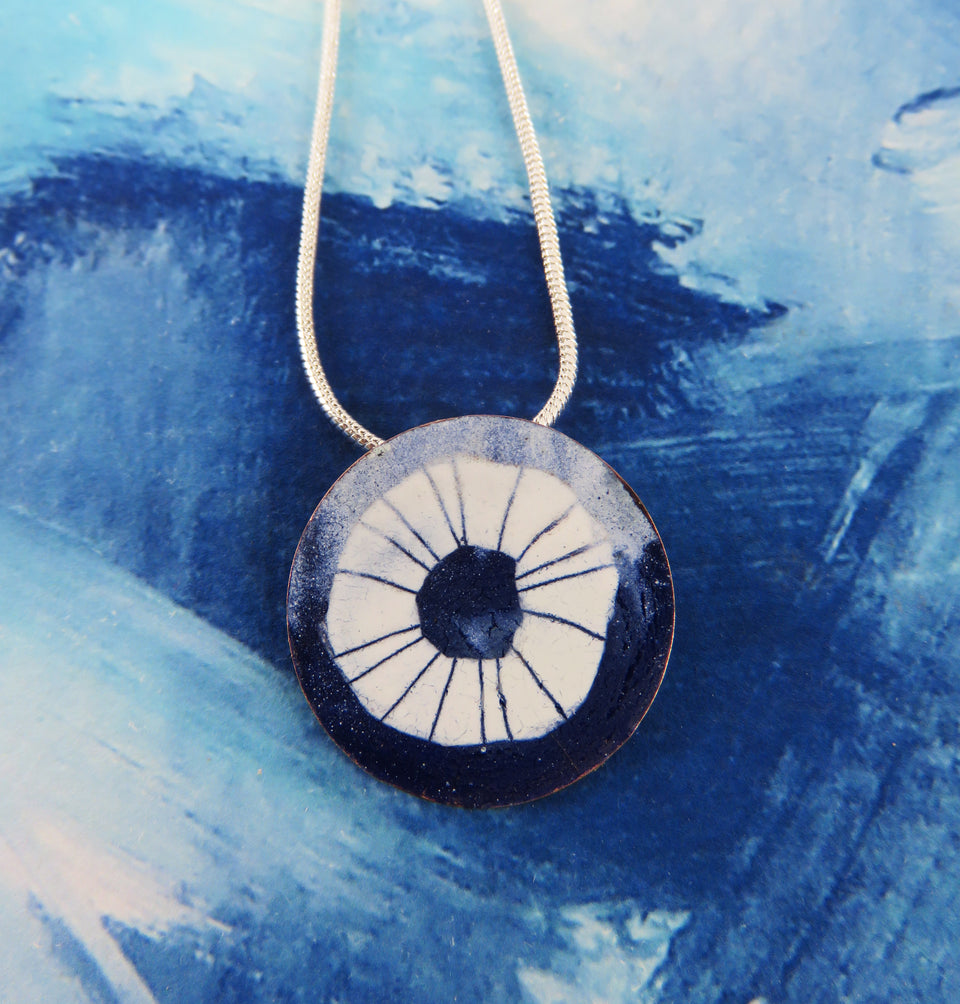 Round Copper Pendant in Blue and White Enamel with Hand Drawn Circle Pattern