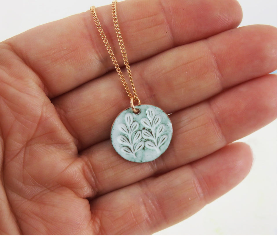 Leaf Stem Textured Copper Pendant with Jade and White Enamel