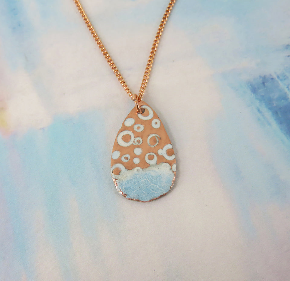Textured Stamped Copper Teardrop Pendant with Blue and White Enamel