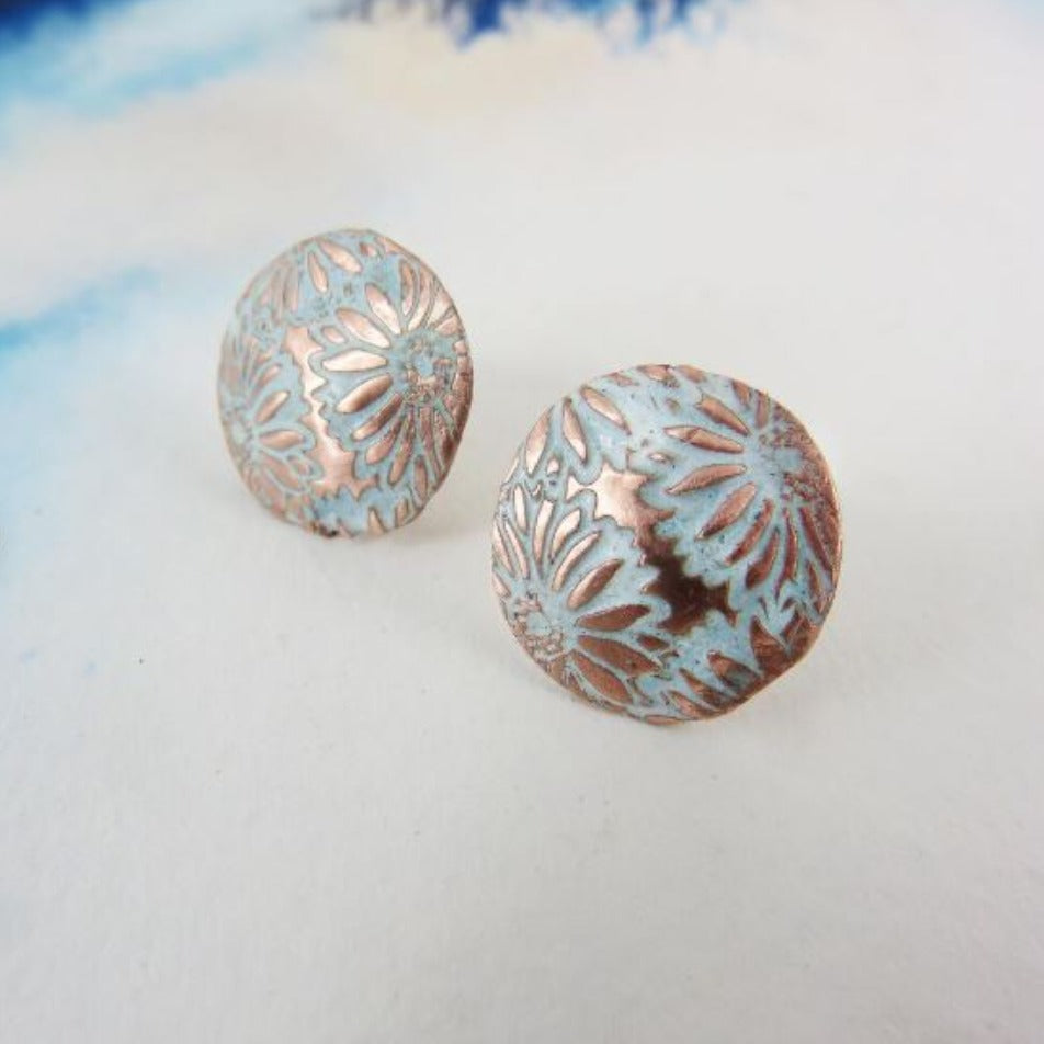 Copper and enamel flower textured studs