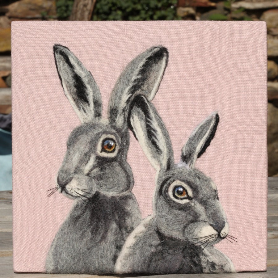 Twin Hares' - an original needle felted picture by Valentina Vandome Felting Art