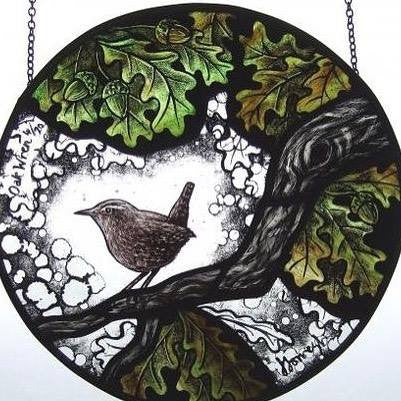‪This stunning stained glass 'oak wren' roundel has found a new home. Made by the very talented Juliet Forrest