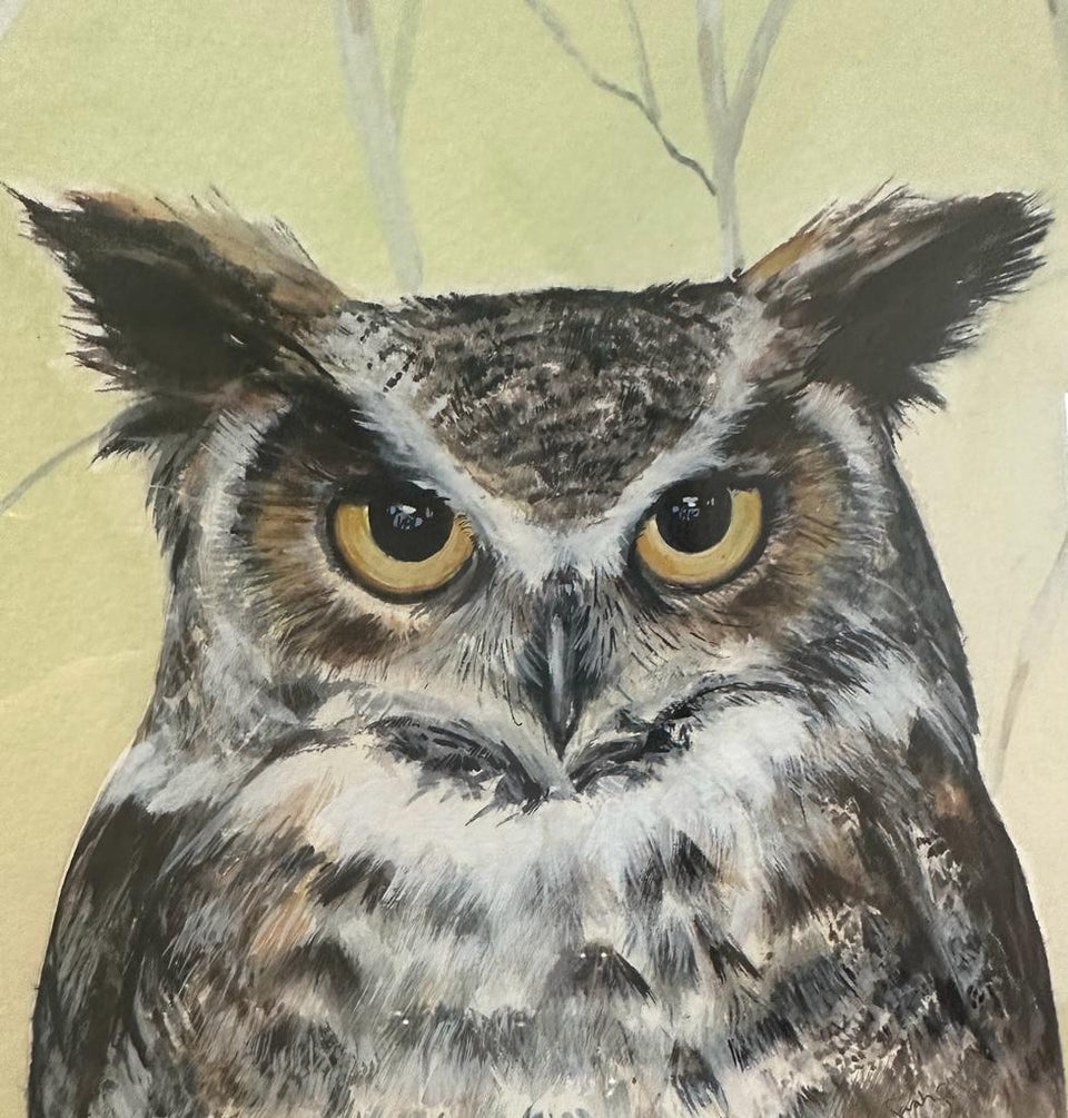 Original artwork of an Eagle owl by Sarah Stoker