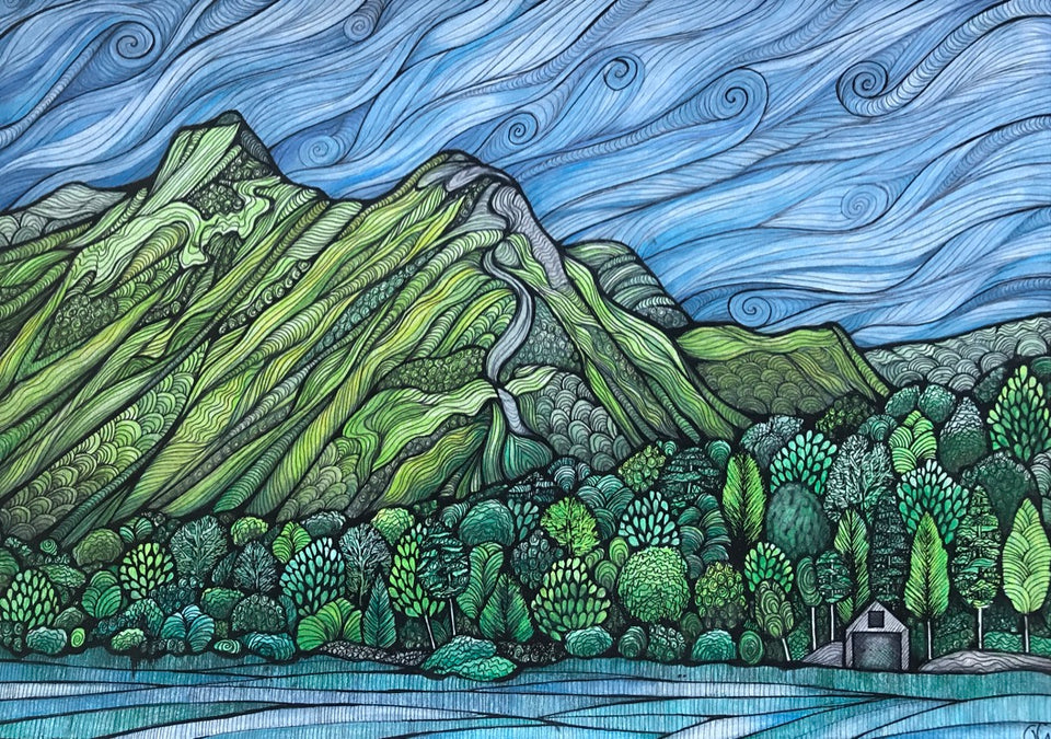 Catbells - Framed Original Pen & Pencil Drawing