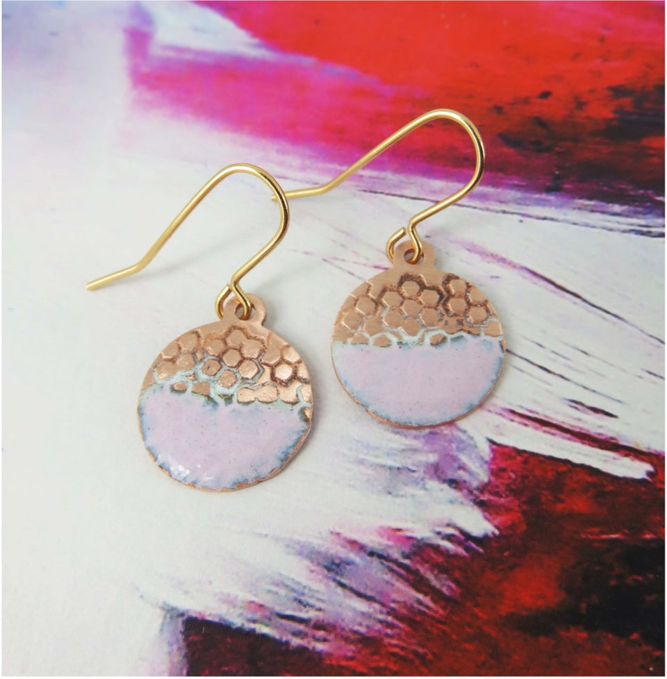 Enamel and Textured Copper Dangle Earrings with Pink Enamel