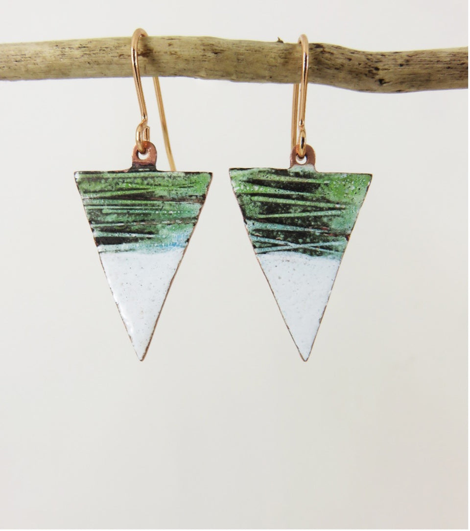 Copper Enamel Earrings Handmade Triangle Blue, Green and White Enamel on Textured Copper