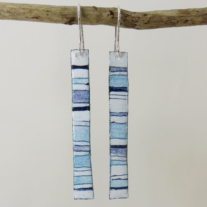 Copper Strip Earrings with White and Blue Enamel