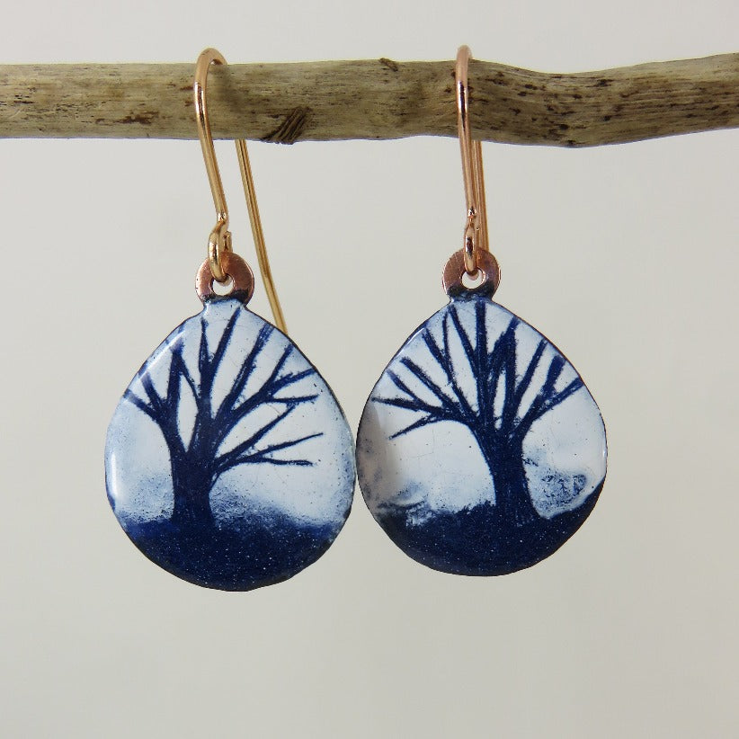Dark Blue and White Teardrop Enamel Dangle Earrings with Tree Design