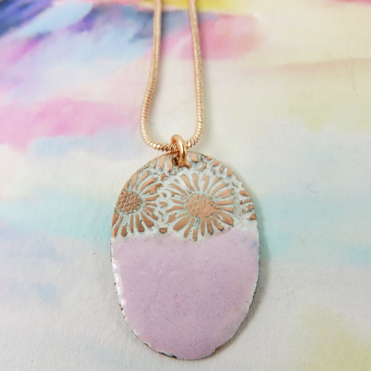 Daisy Textured Copper Pendant with Pink Enamel