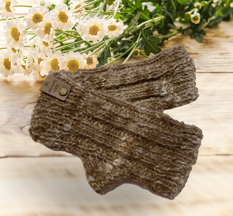 Alpaca luxury fingerless gloves - mottled caramel - Hand spun & knitted by Sara Spinner