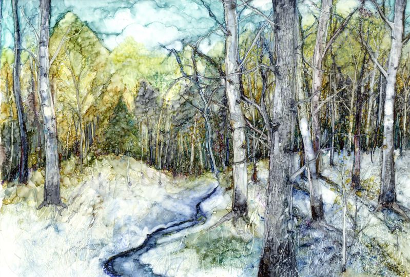 Snowy Landscapes with River - Print of alcohol inks by Sarah Stoker