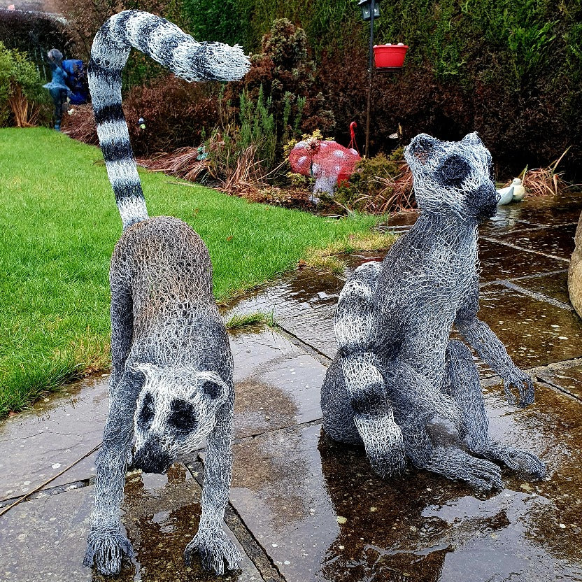 Pair of Ring-tailed Lemurs - Wire Sculpture by John McManus Art