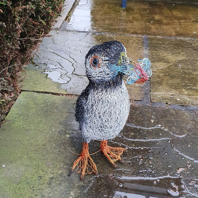Puffin with Fish - Wire Sculpture by John McManus Art
