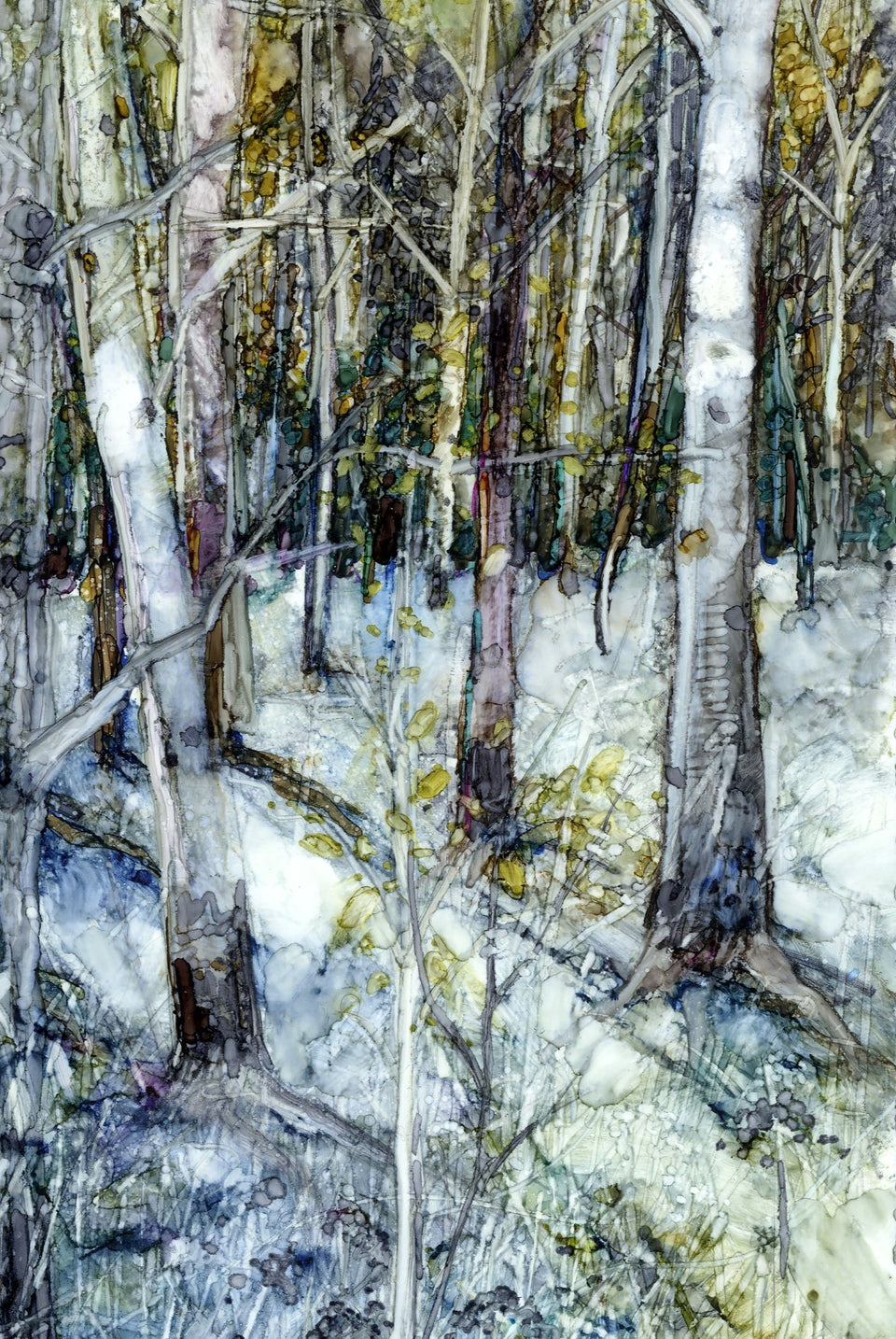 Landscape with White Birch - Print of alcohol inks by Sarah Stoker
