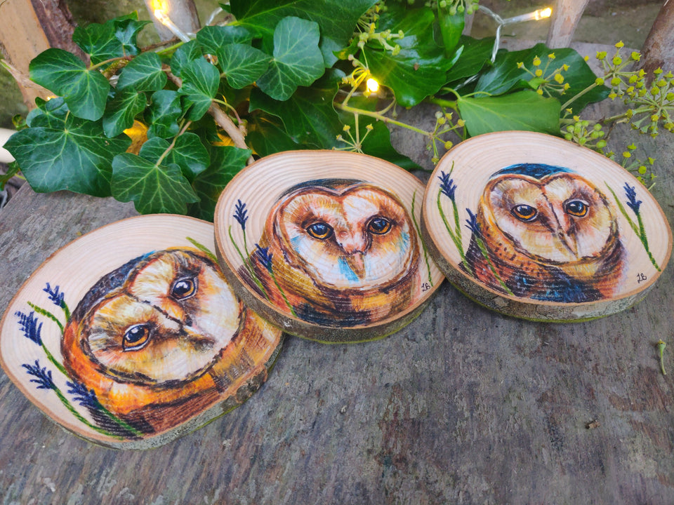 'Barn Owl' Coaster - Coloured Pencil on Wood