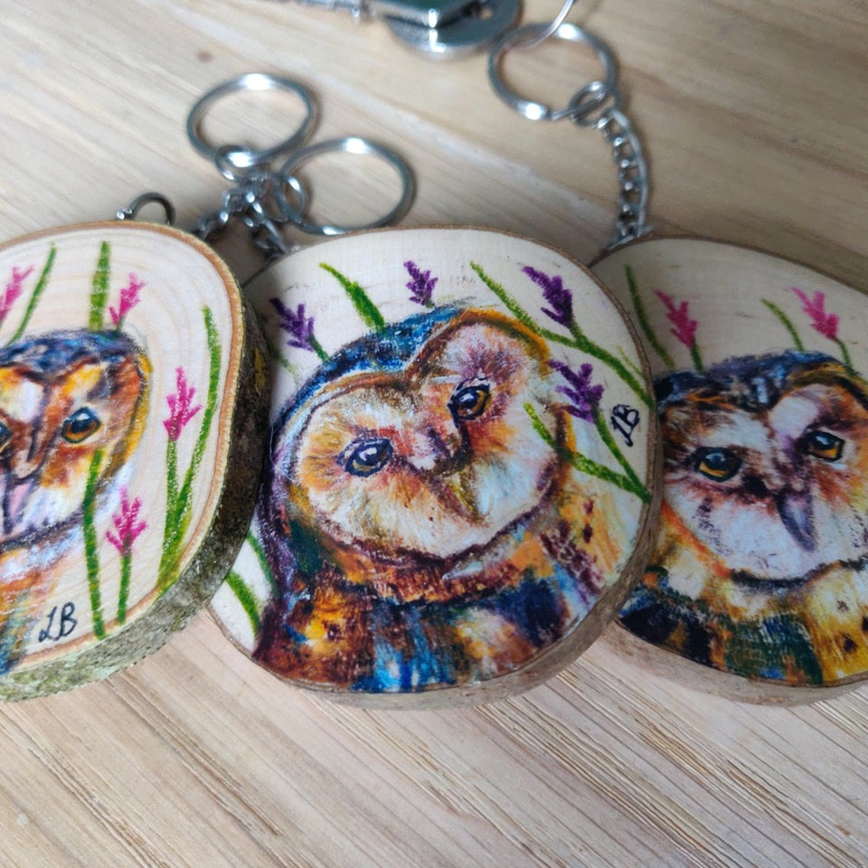 'Barn Owl' Keyring - Coloured Pencil on Wood