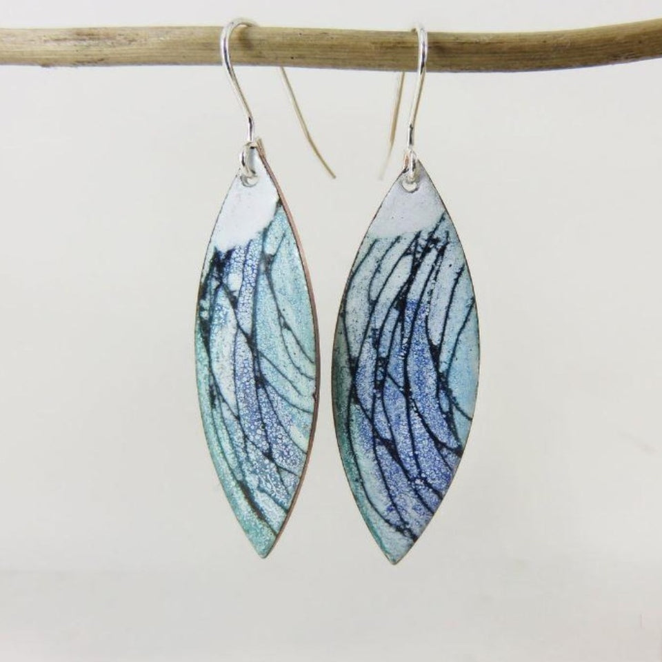 Copper and Enamel Drop Dangle Earrings with Hand Drawn Detail and Colour Washes