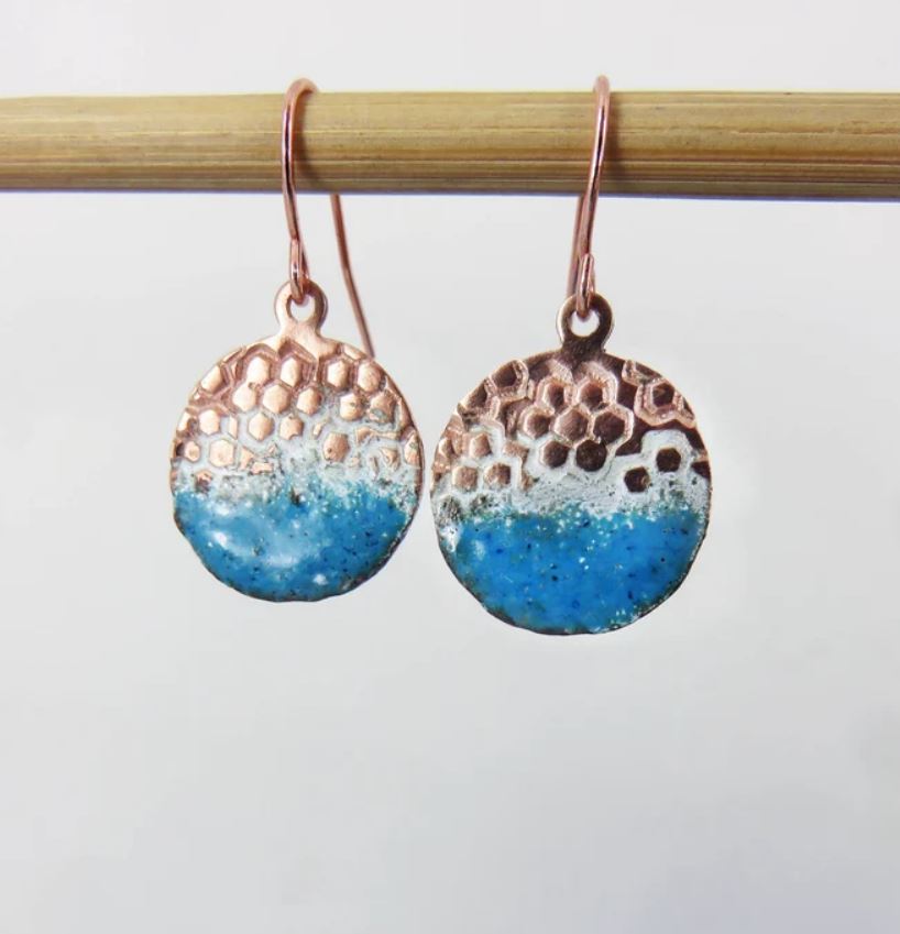 Enamel and Textured Copper Dangle Earrings with Dark Turquoise Enamel