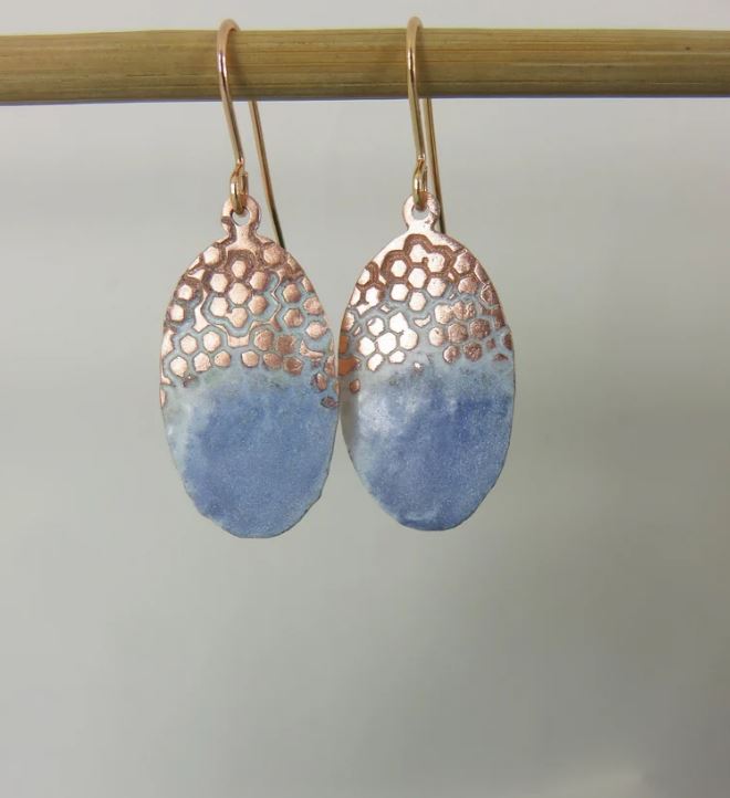 Oval Enamel and Textured Copper Dangle Earrings