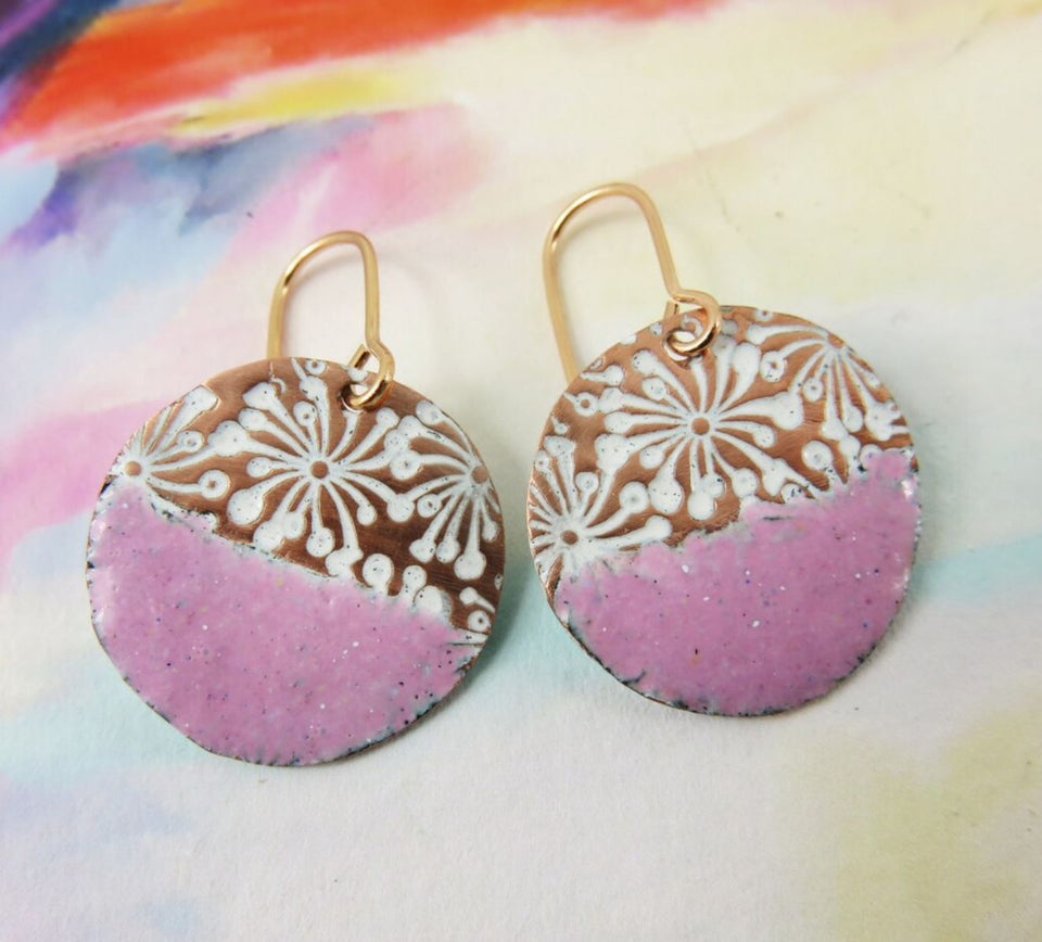 Starburst and Pink Enamel and Textured Copper Dangle Earrings