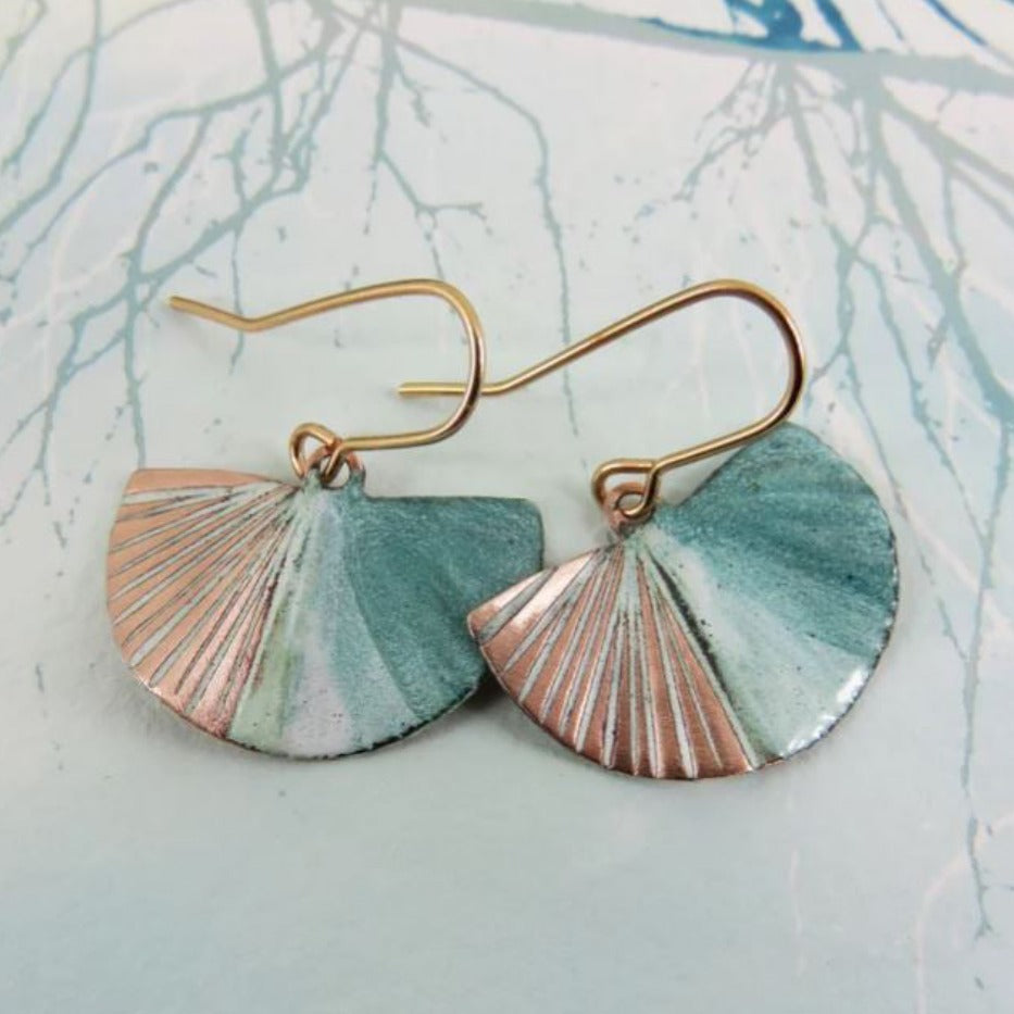 Semi-Circle Fan Style Textured Copper and Enamel Dangle Earrings