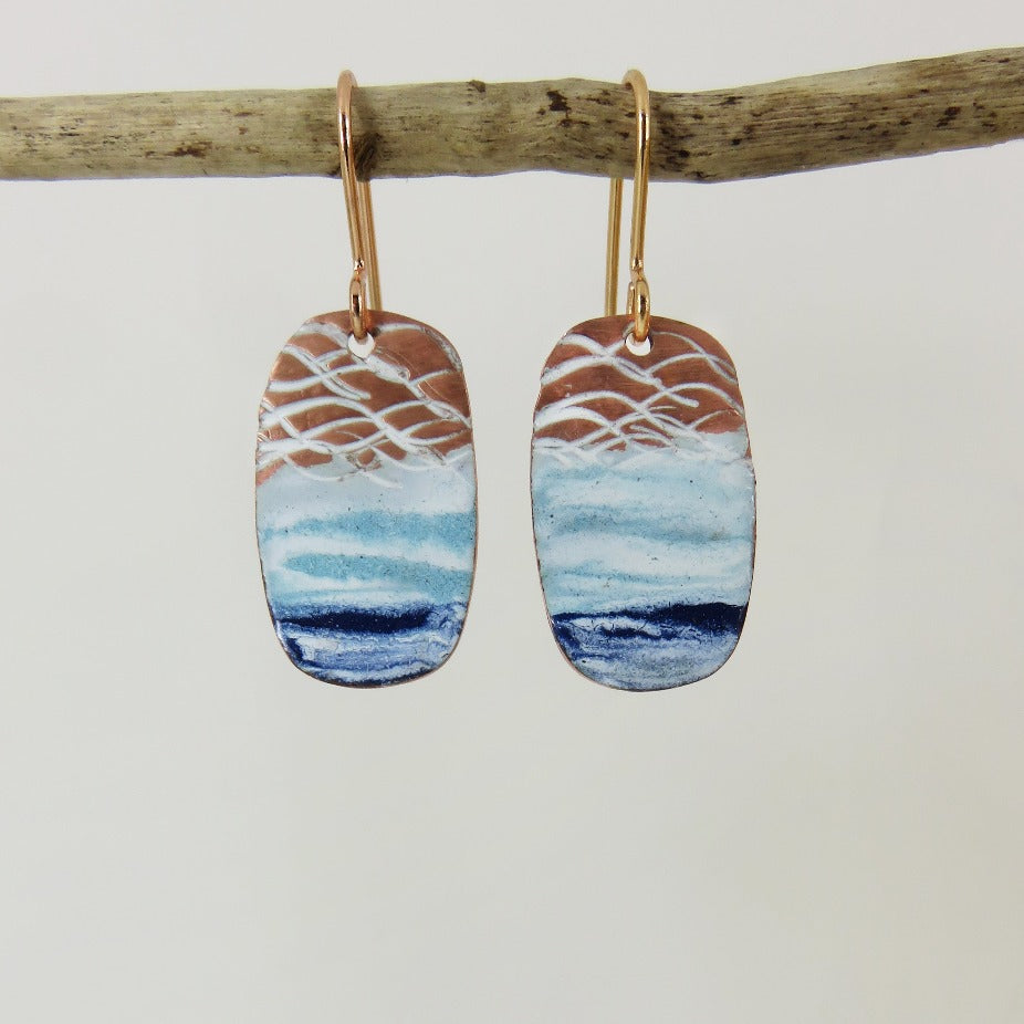 Enamel on Copper Dangle Earrings with Waves and Water using Watercolour Effects