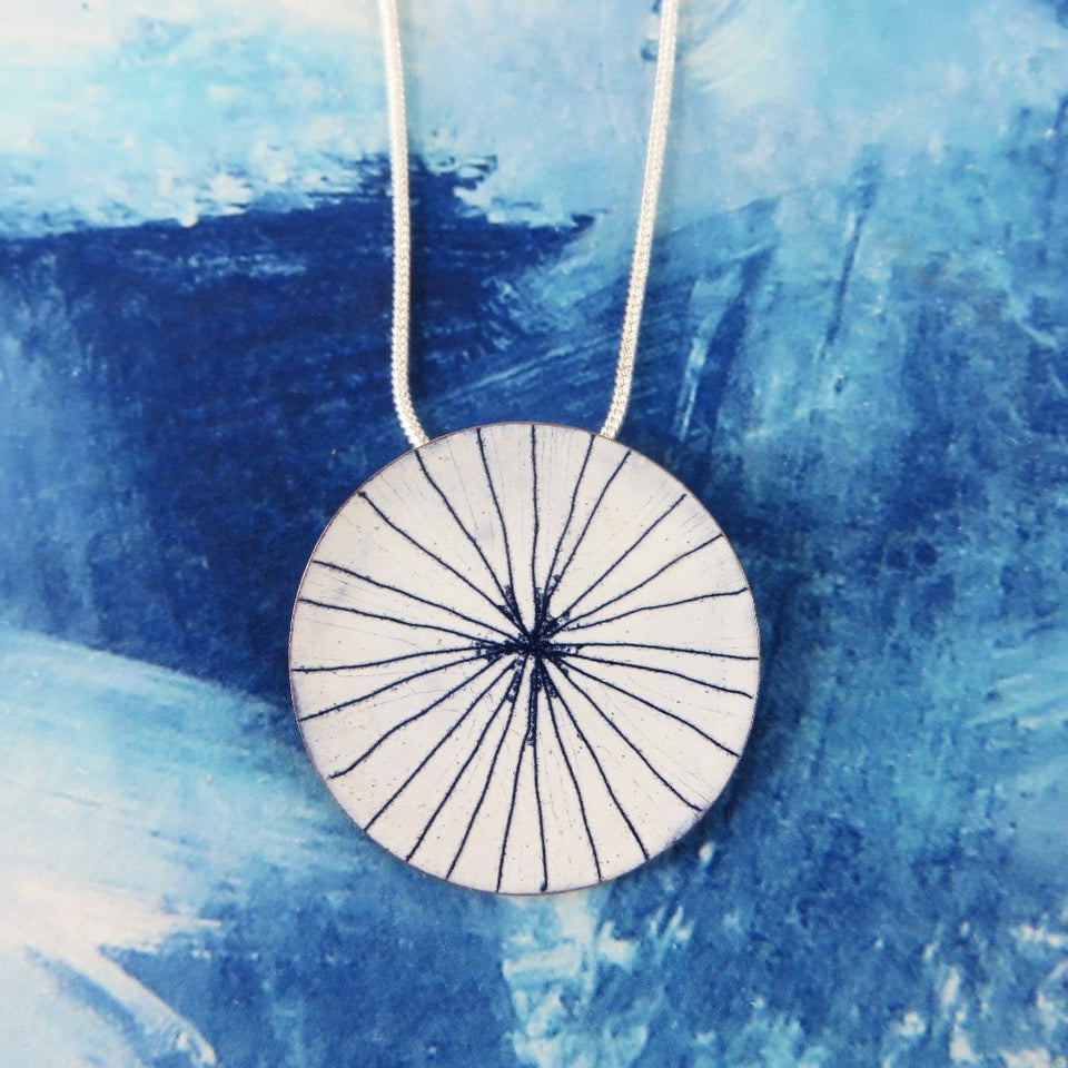 Round Copper Pendant in Blue and White Enamel with Hand Drawn Pattern