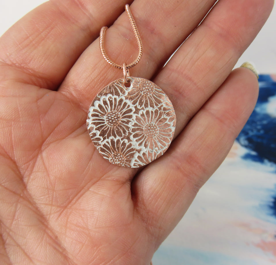 Daisy Textured Copper Pendant with White Enamel