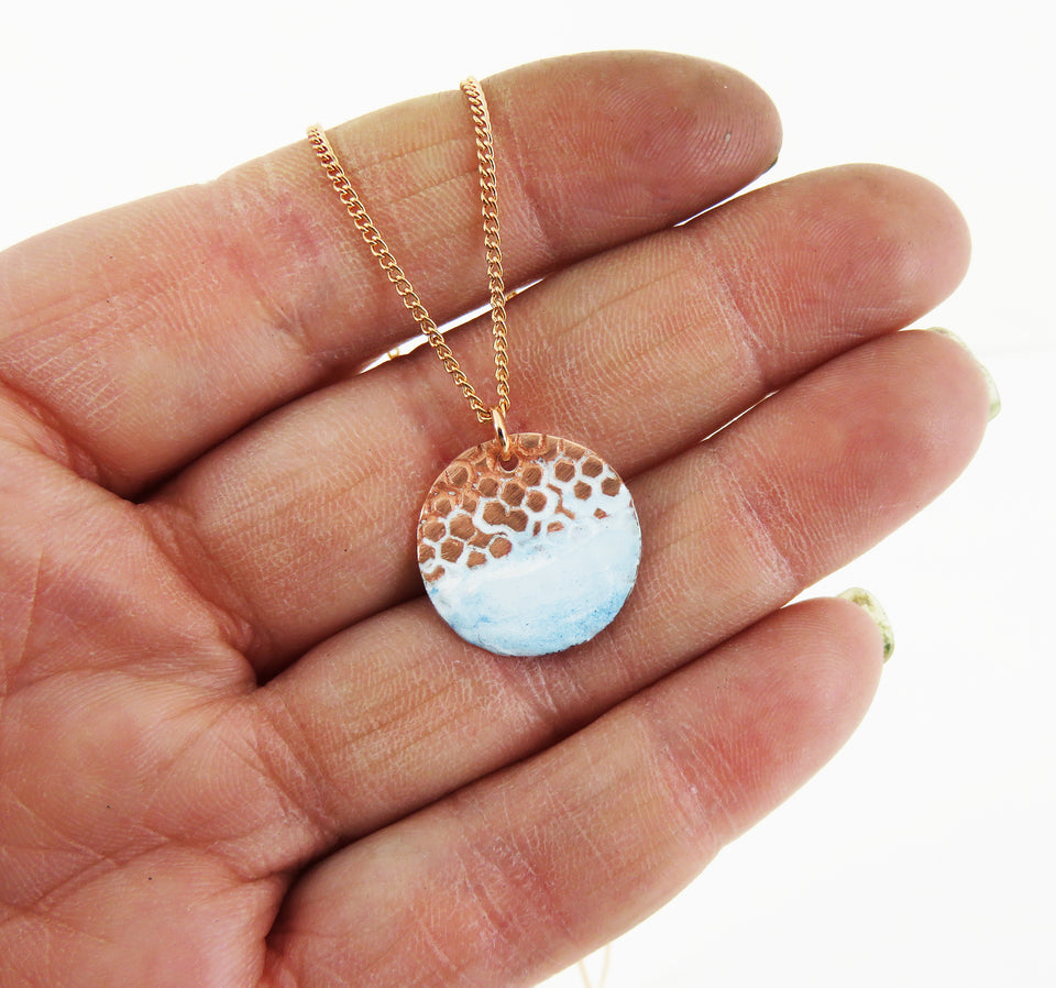 Textured Stamped Copper Small Disc with Blue and White Enamel