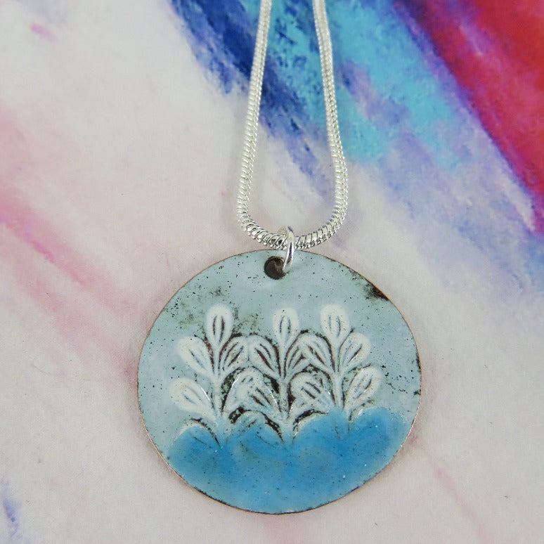 Leaf Pattern Textured Copper Pendant with White and Turquoise Enamel