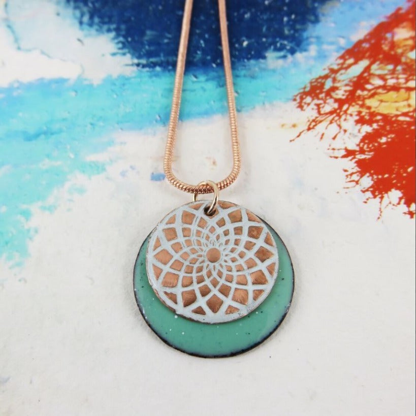 Double Disc Textured Copper Pendant with White and Green