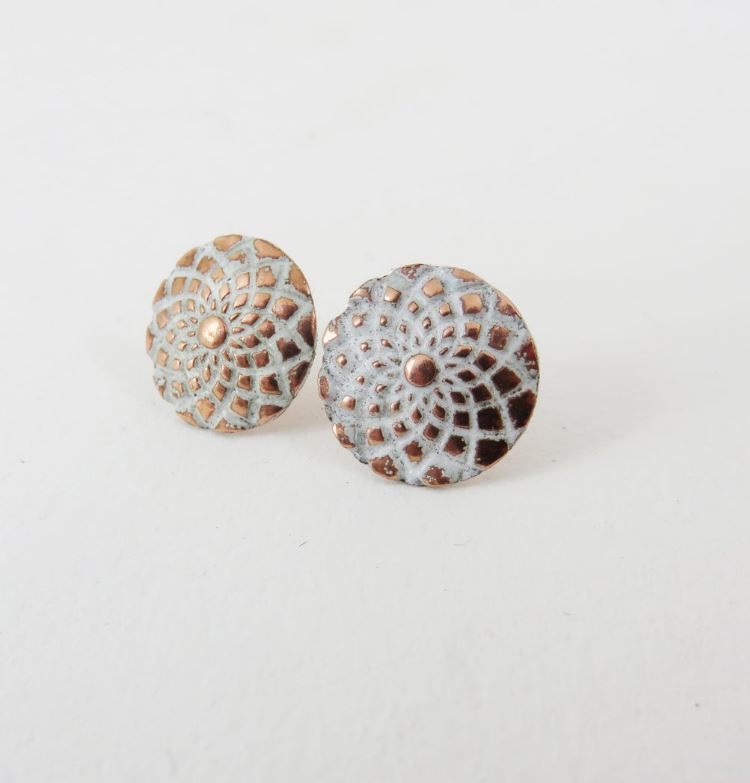 Enamel on Dream Catcher Spiral Textured Stamped Copper Stud Earrings