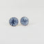 Round Copper Stud Earrings in Blue and White Enamel with Hand Drawn Detail.