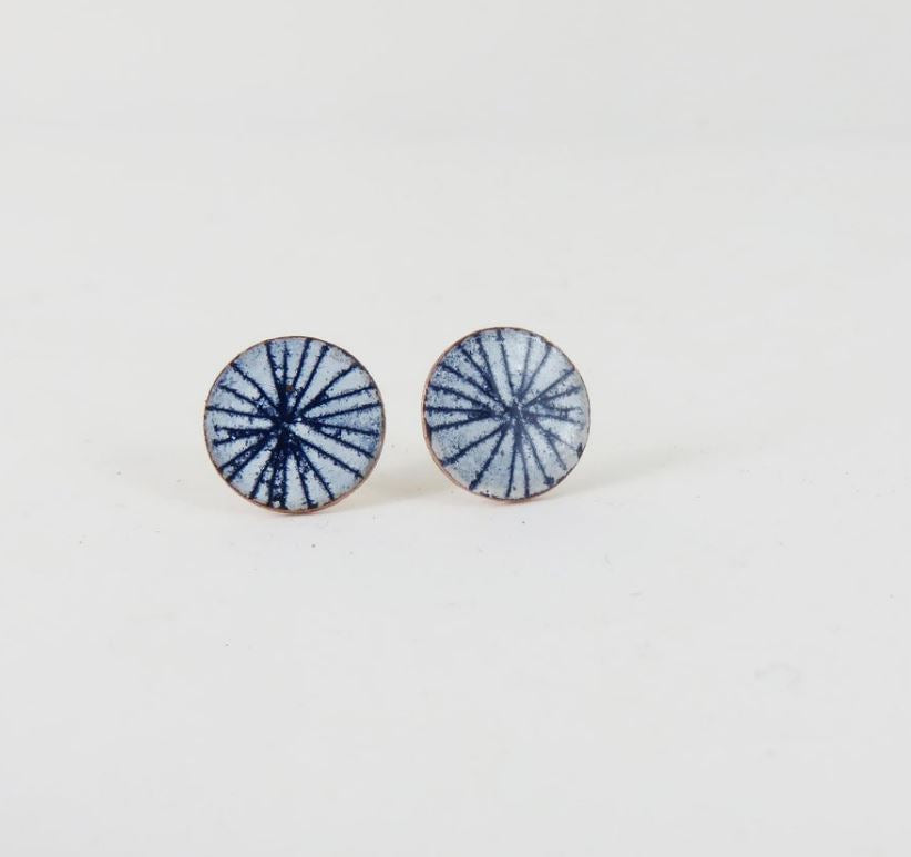 Round Copper Stud Earrings in Blue and White Enamel with Hand Drawn Detail.