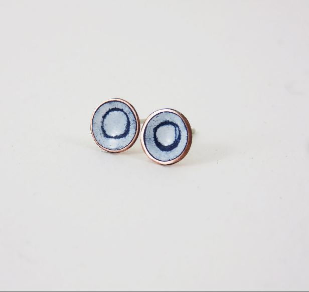 Round Copper Studs with Hand Drawn Circles in Blue and White Enamel