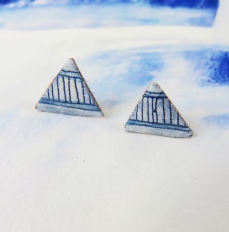 Triangle Studs in Enamel and Copper with Hand Drawn Pattern