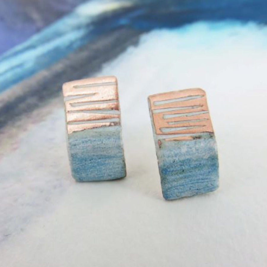 Copper and enamel line textured rectangle studs